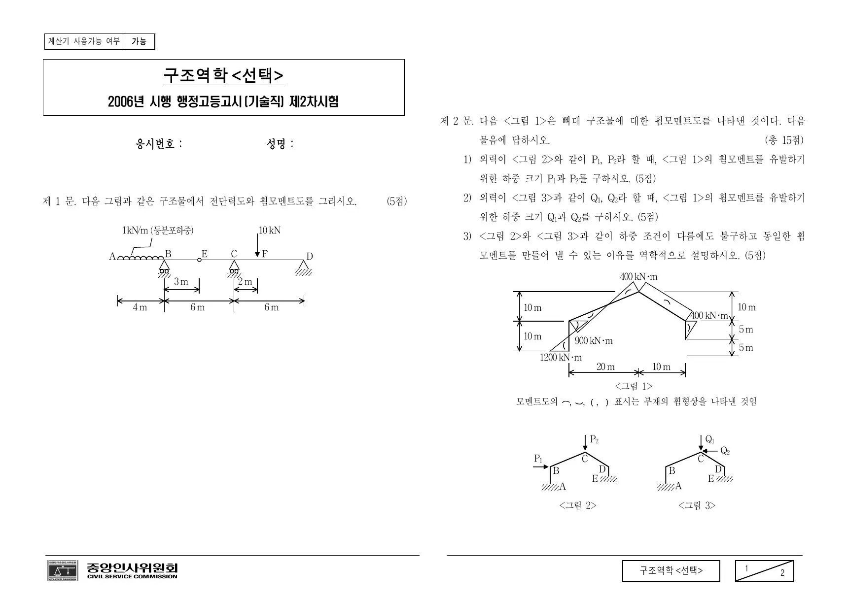 2006년 구조역학(선택) 제2문이 수록된 공식 시험지 1쪽