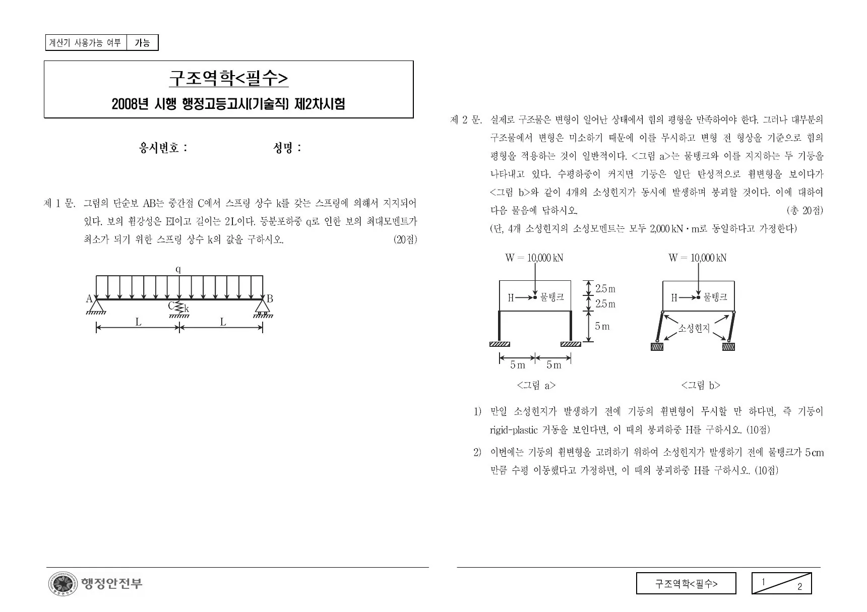 2008년 구조역학(필수) 제1문이 수록된 공식 시험지 1쪽