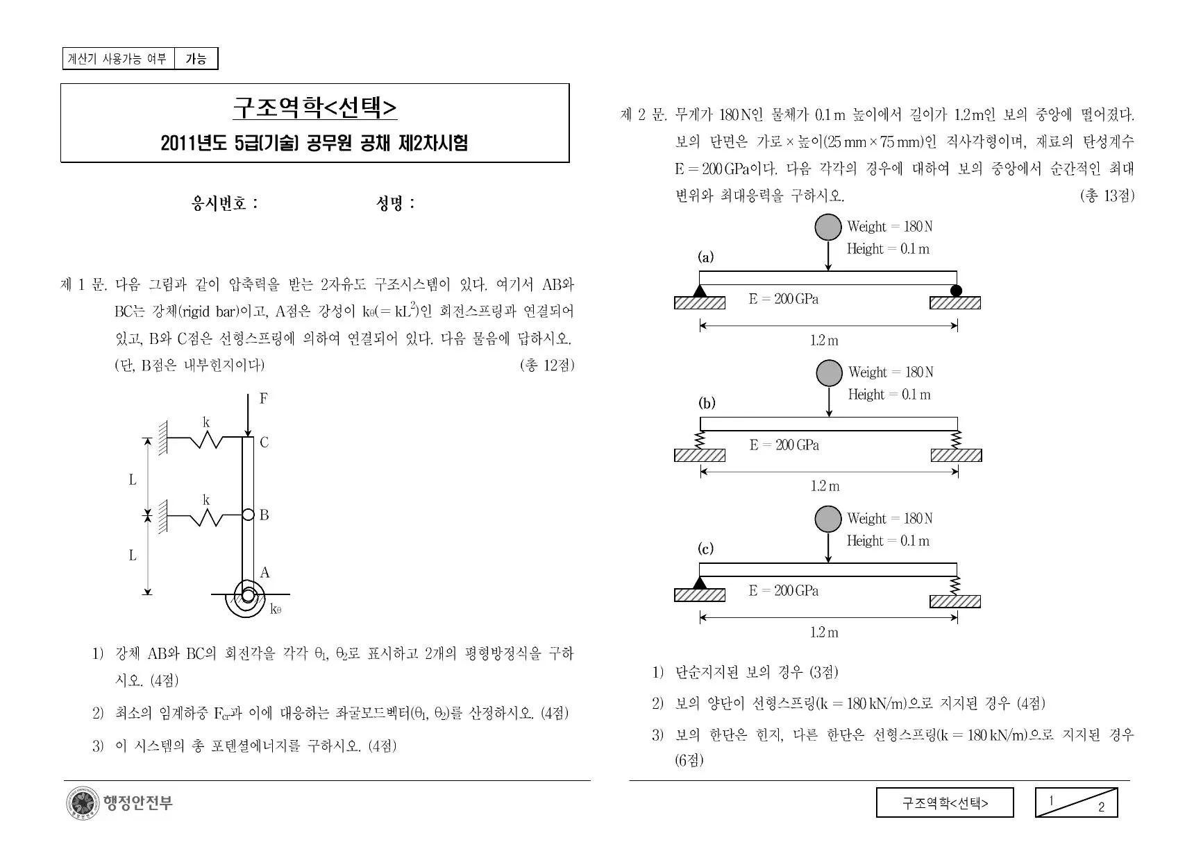 2011년 구조역학(선택) 제1문이 수록된 공식 시험지 1쪽