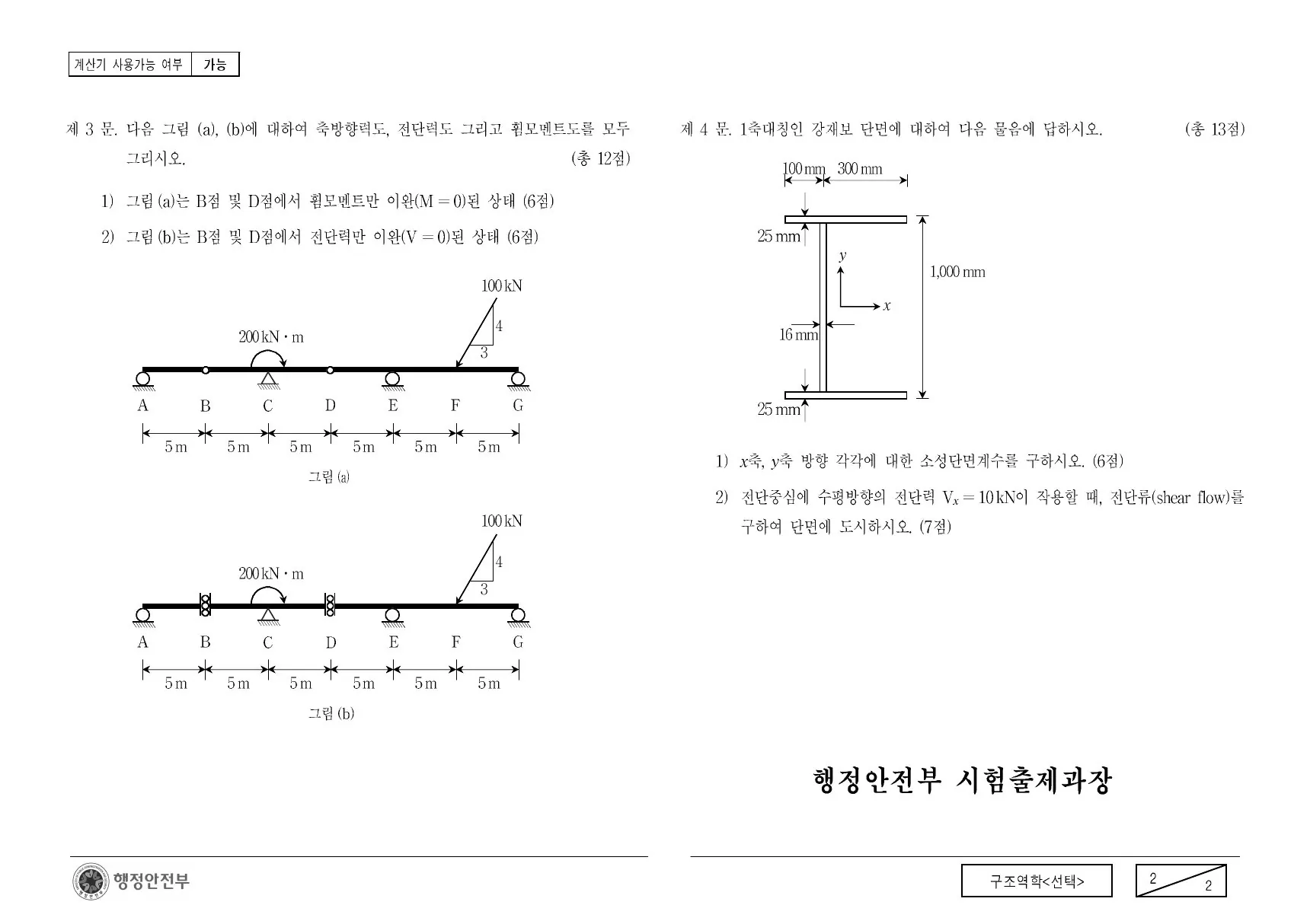 2011년 구조역학(선택) 제3문이 수록된 공식 시험지 2쪽