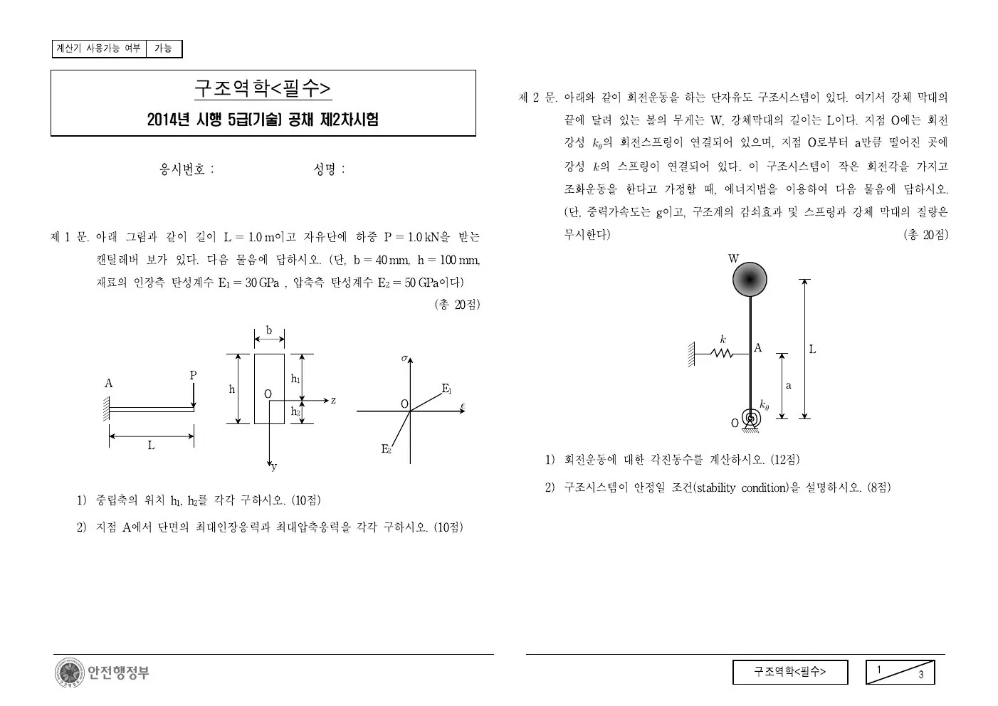 2014년 구조역학(필수) 제2문이 수록된 공식 시험지 1쪽