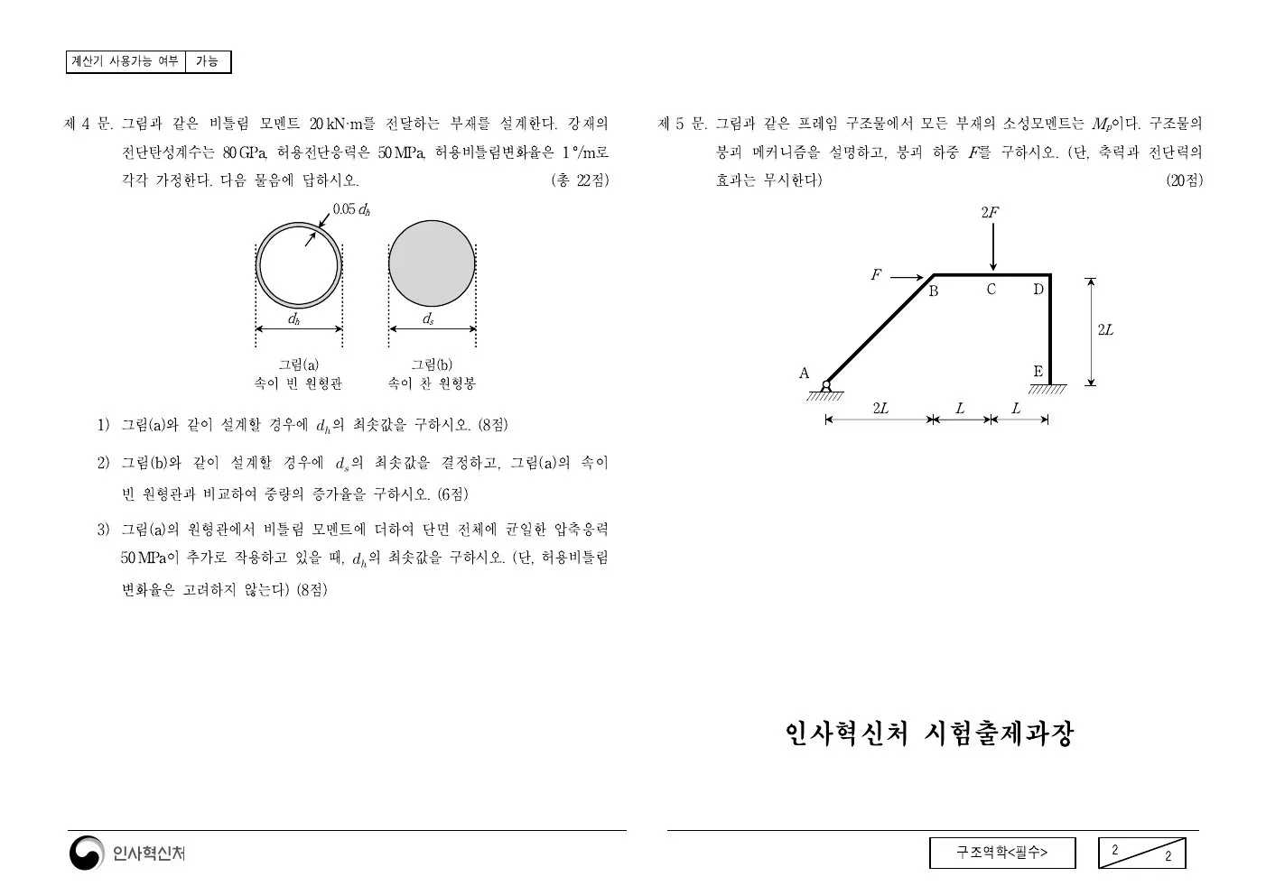 2016년 구조역학(필수) 제5문이 수록된 공식 시험지 2쪽