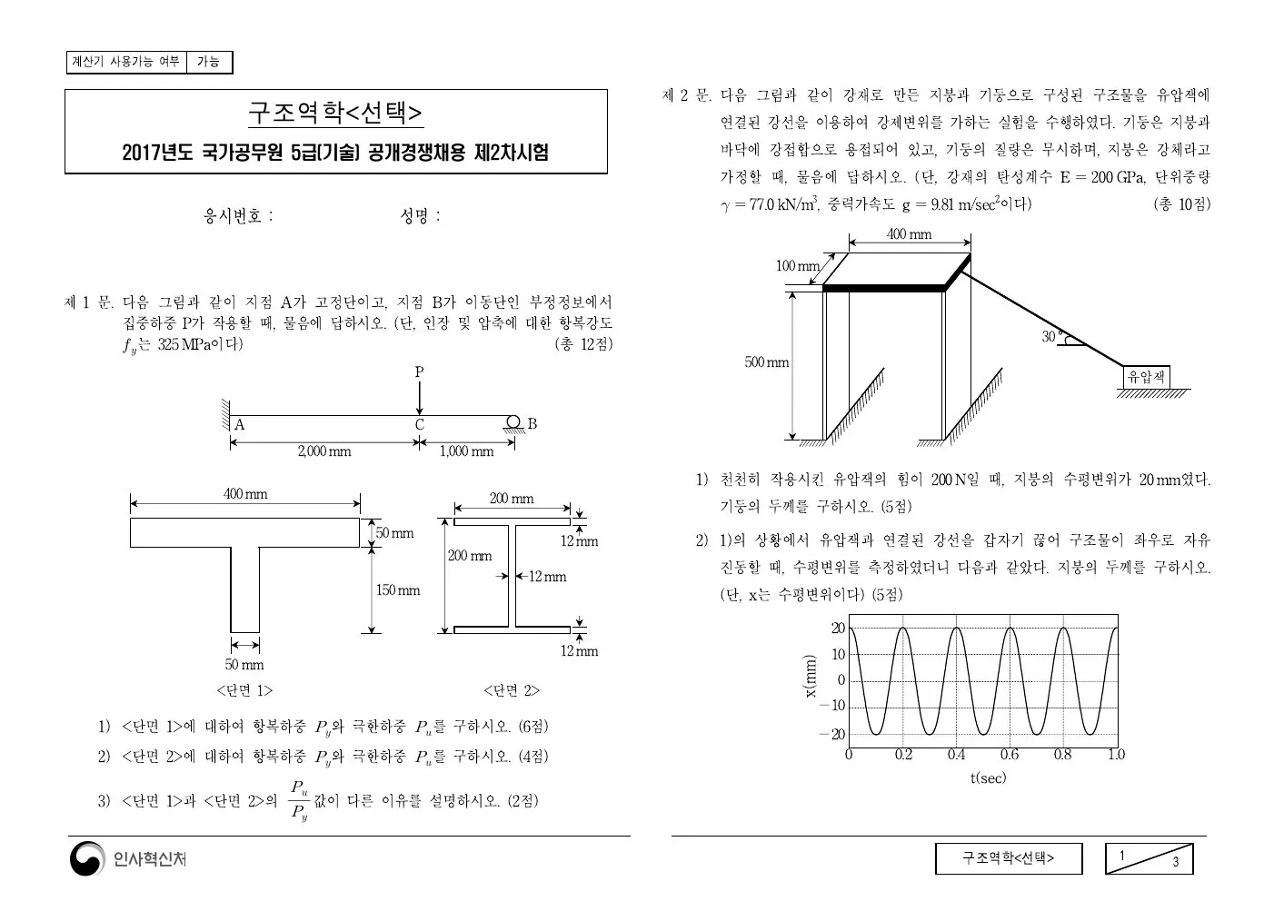 2017년 구조역학(선택) 제2문이 수록된 공식 시험지 1쪽