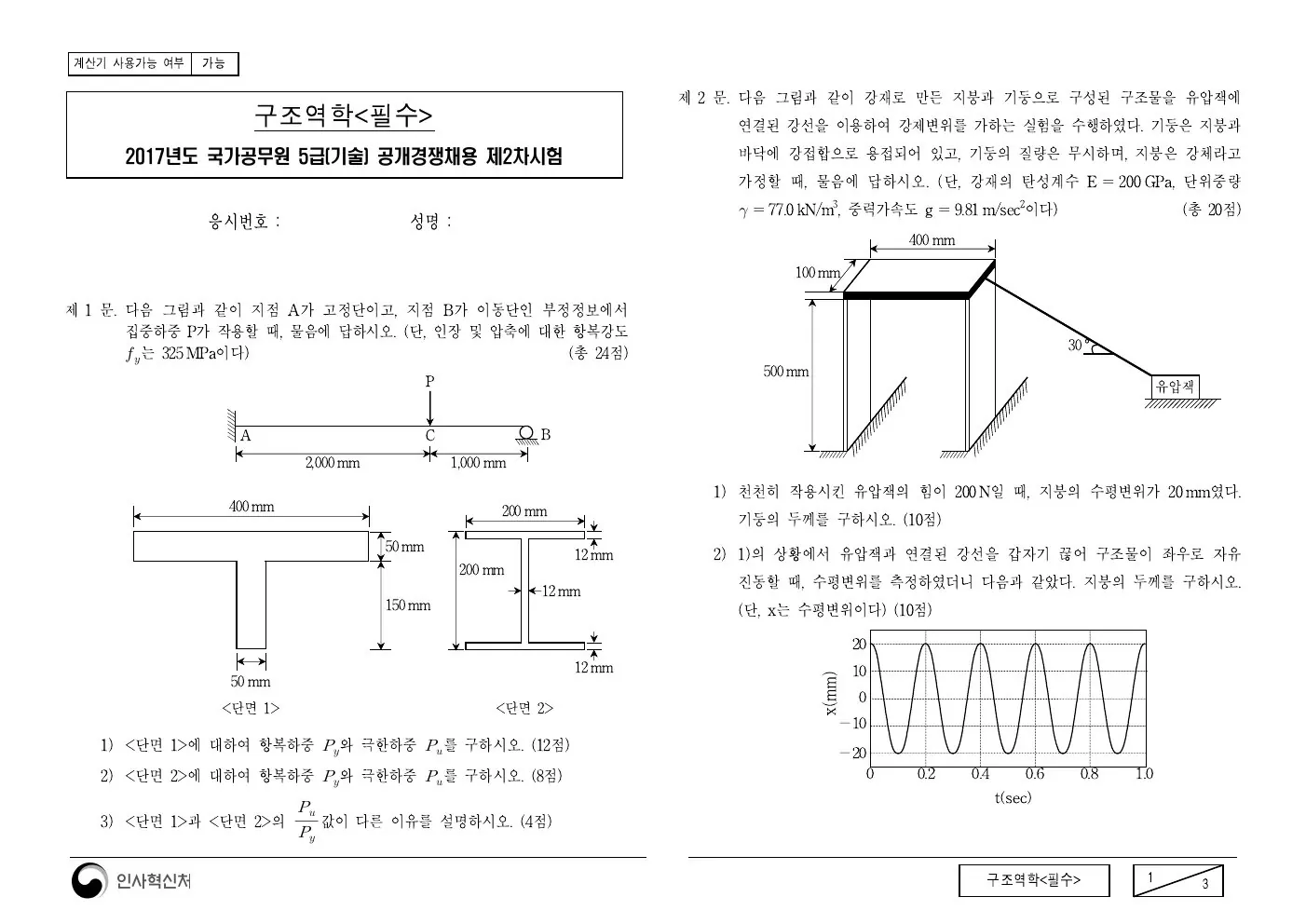 2017년 구조역학(필수) 제2문이 수록된 공식 시험지 1쪽