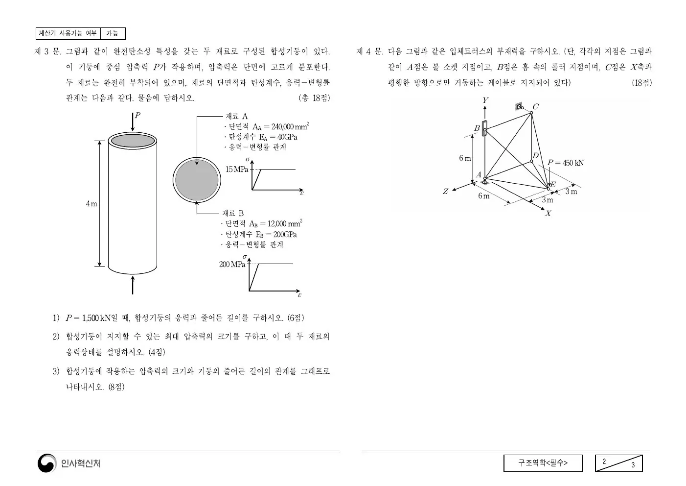 2017년 구조역학(필수) 제4문이 수록된 공식 시험지 2쪽