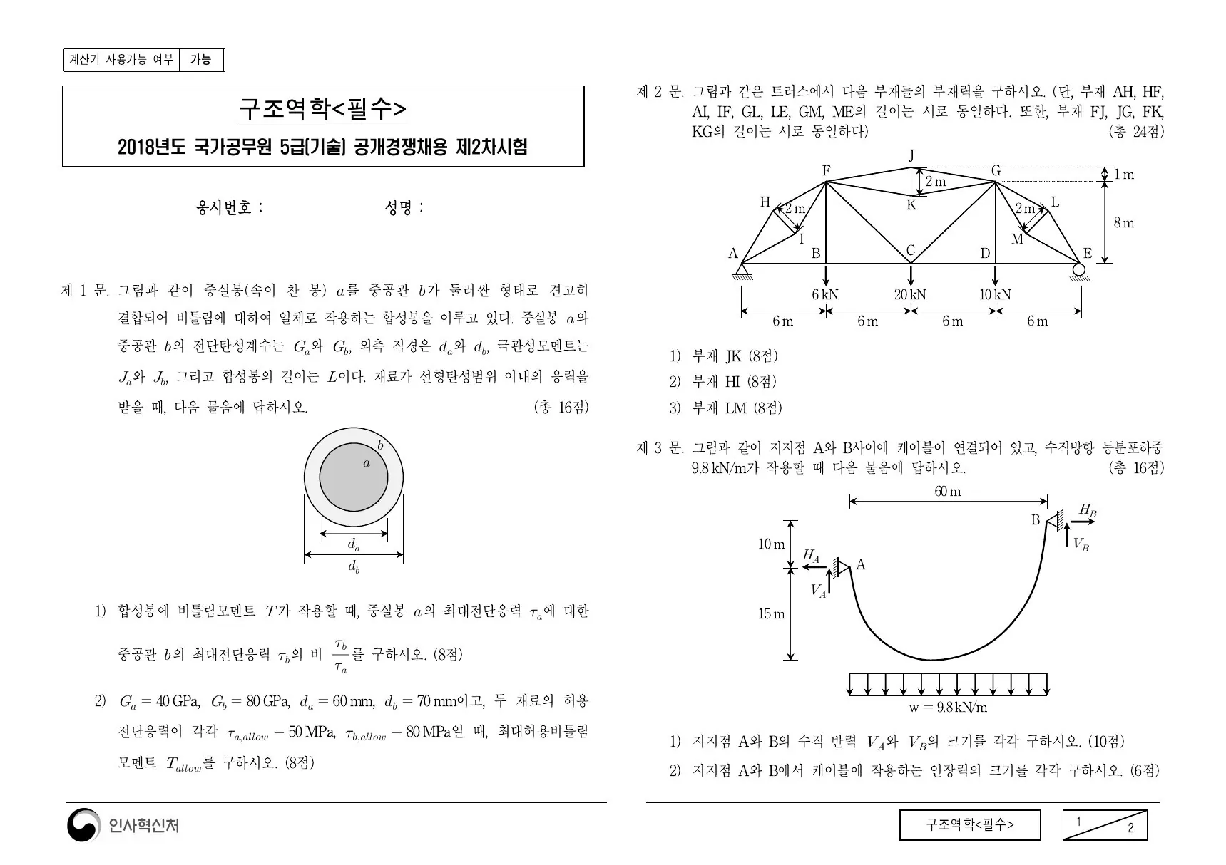 2018년 구조역학(필수) 제2문이 수록된 공식 시험지 1쪽
