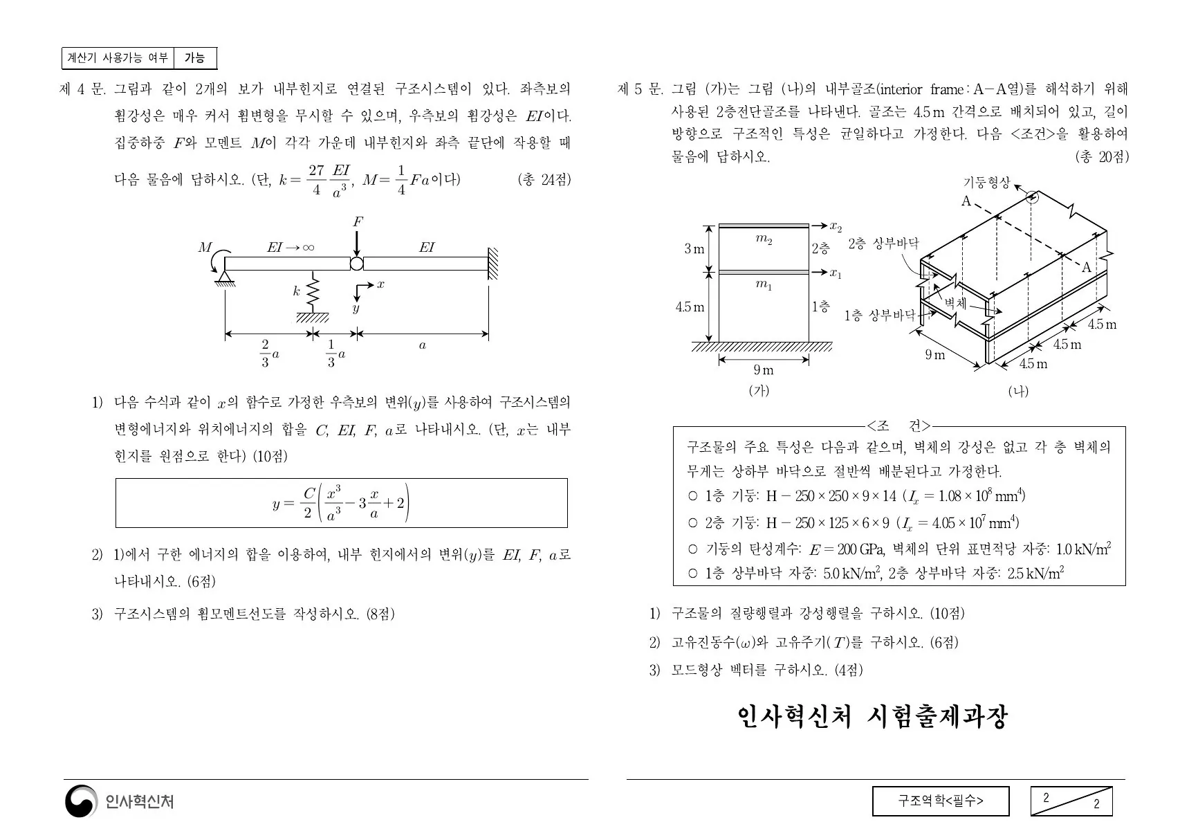 2018년 구조역학(필수) 제5문이 수록된 공식 시험지 2쪽