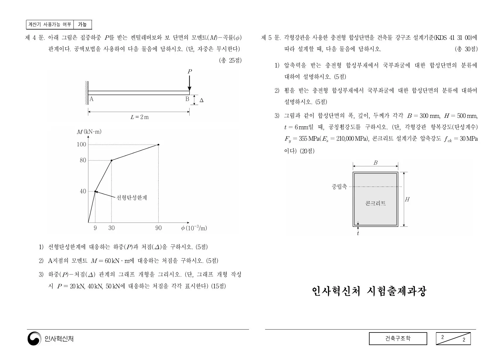 2020년 건축구조학 제5문이 수록된 공식 시험지 2쪽