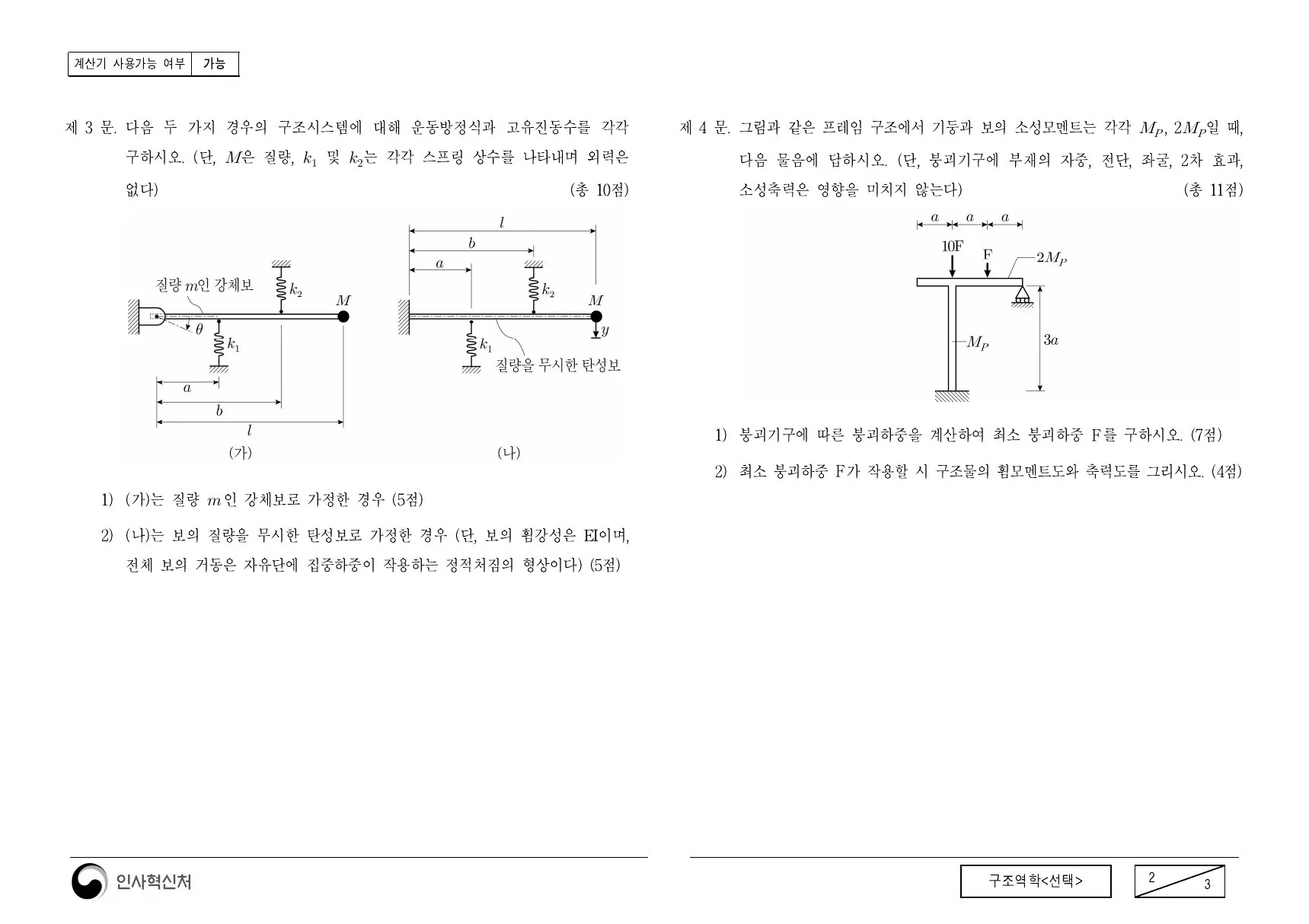 2020년 구조역학(선택) 제4문이 수록된 공식 시험지 2쪽