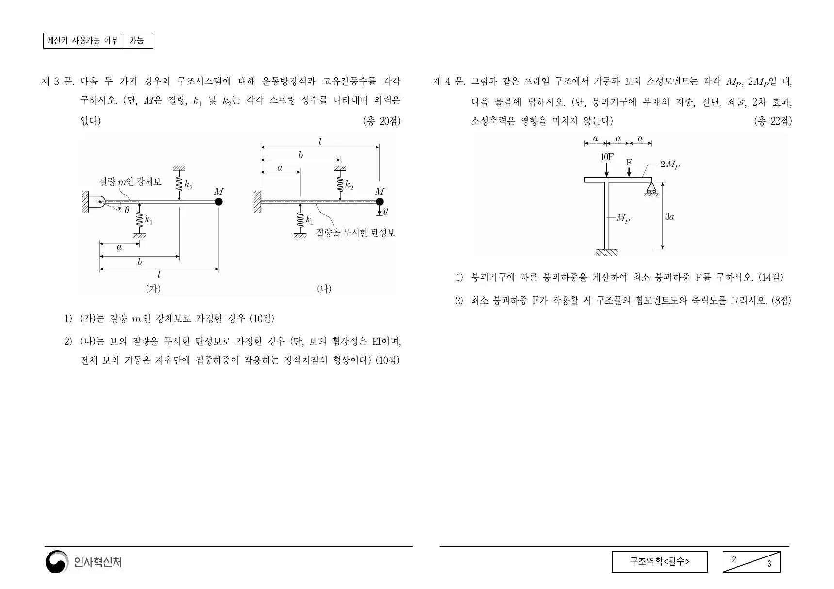 2020년 구조역학(필수) 제4문이 수록된 공식 시험지 2쪽