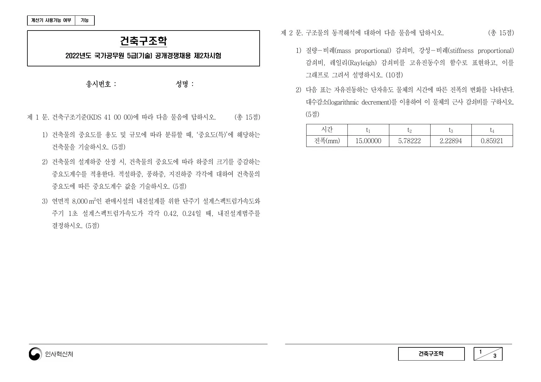 2022년 건축구조학 제2문이 수록된 공식 시험지 1쪽