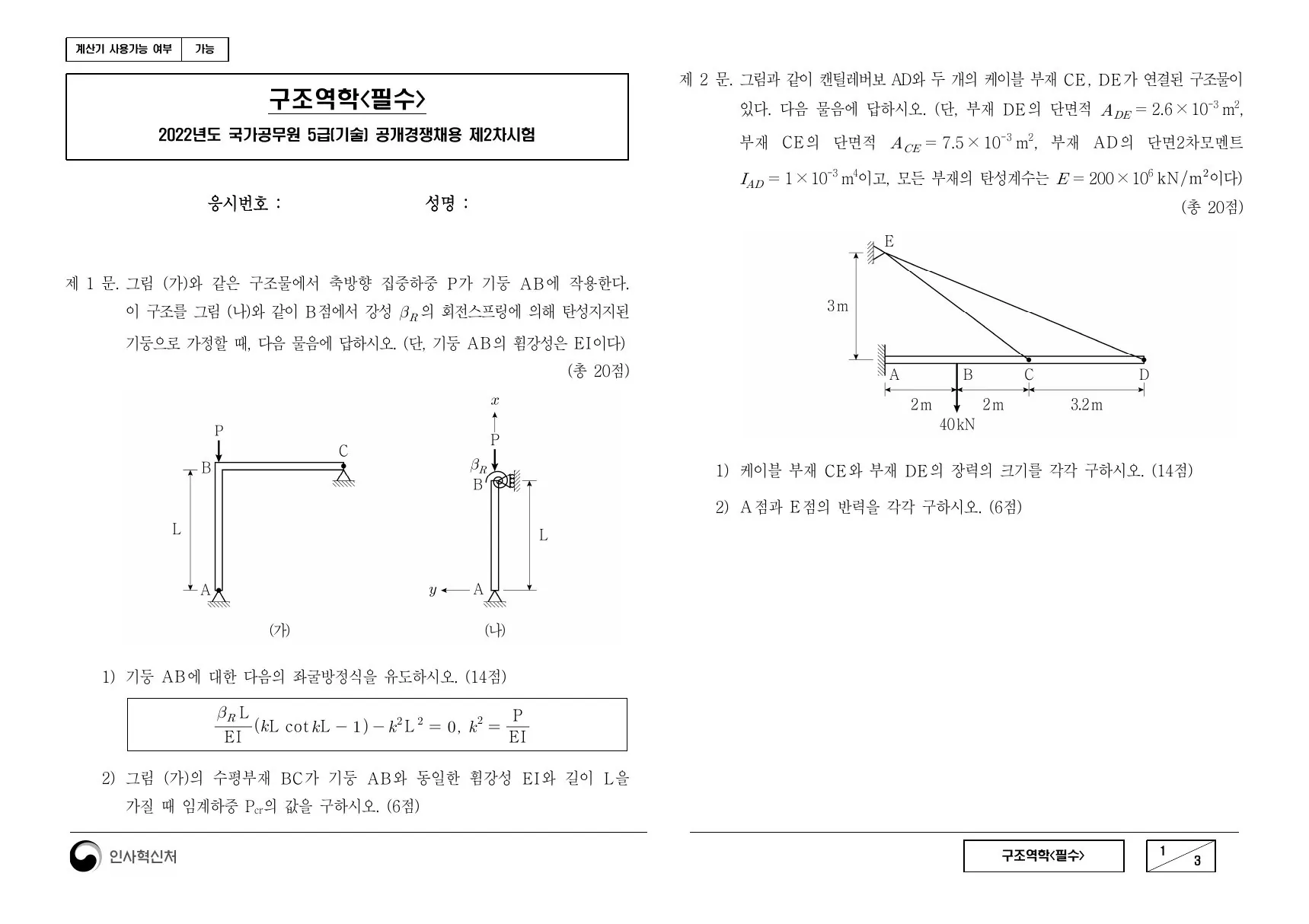 2022년 구조역학(필수) 제2문이 수록된 공식 시험지 1쪽