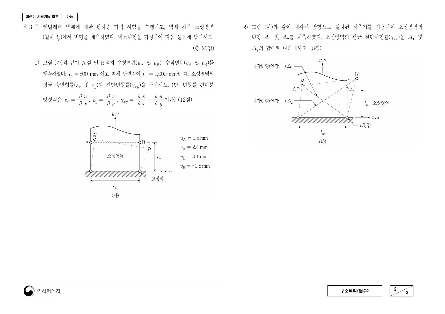 2022년 구조역학(필수) 제3문이 수록된 공식 시험지 2쪽