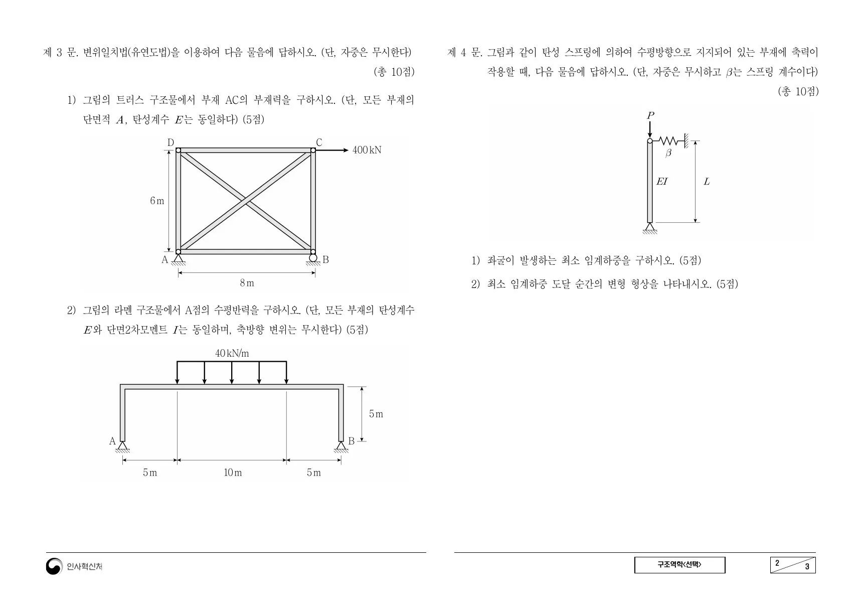 2023년 구조역학(선택) 제4문이 수록된 공식 시험지 2쪽