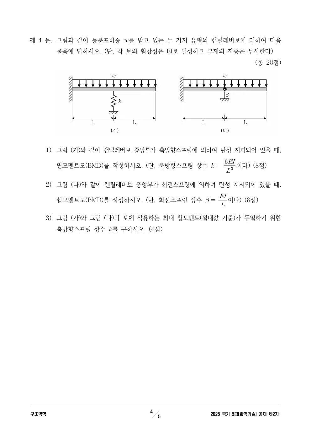2025년 250704 5급 2차│과기│구조역학 제4문이 수록된 공식 시험지 4쪽